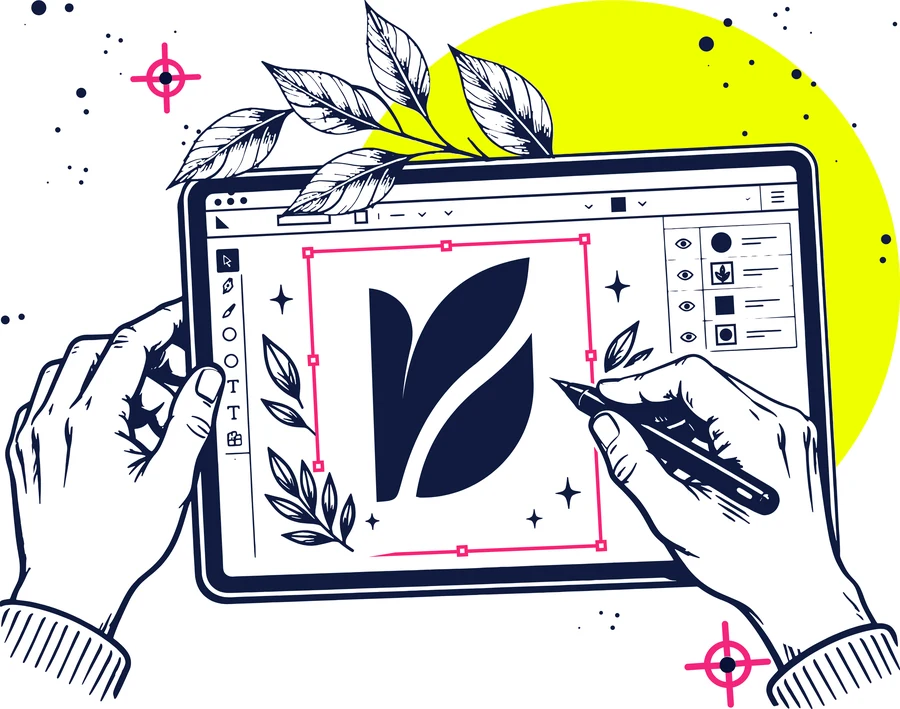 Diseñador gráfico vectorizando un logotipo en tablet