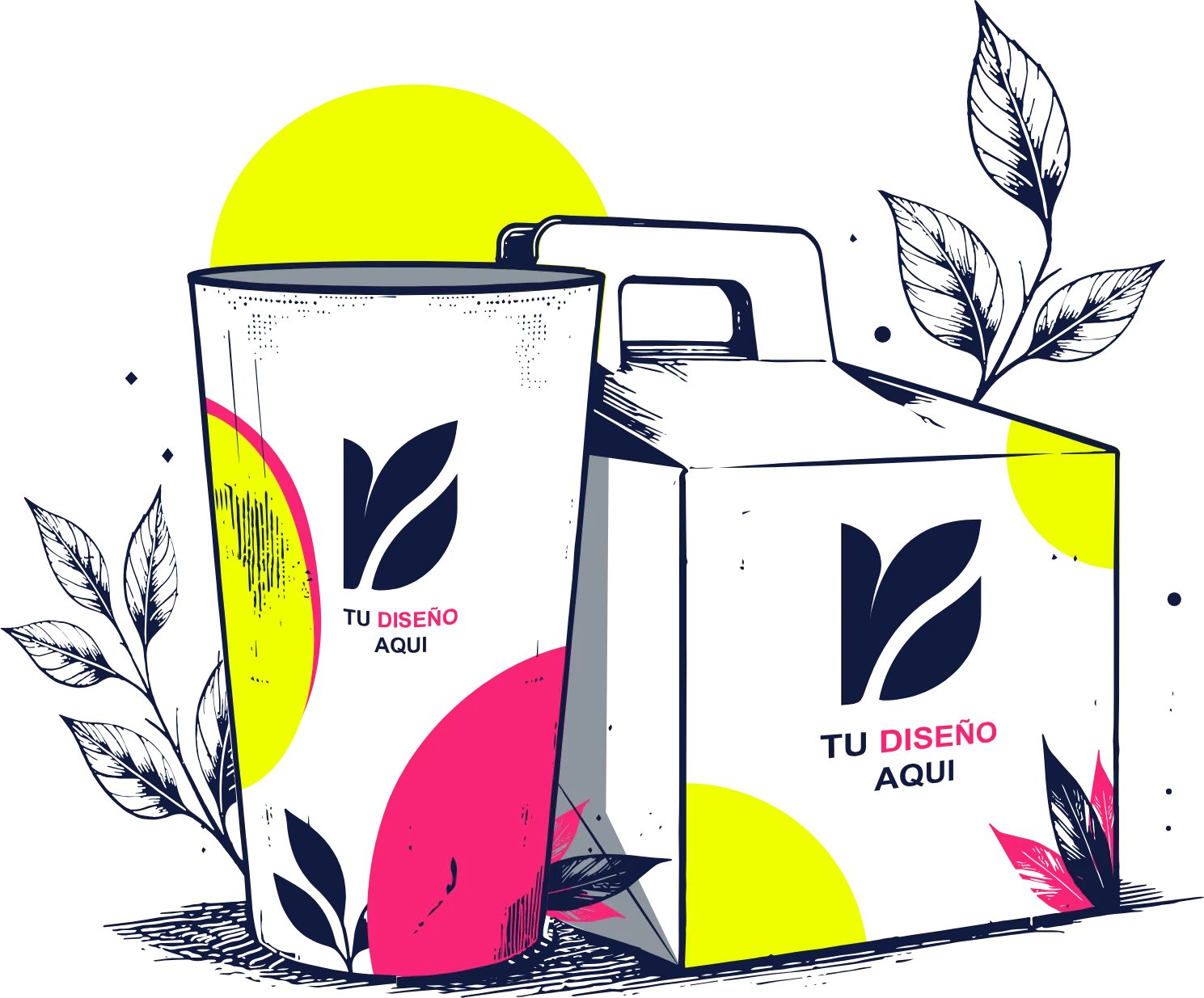 Mockup de vaso reutilizable y caja de packaging con diseño aplicado