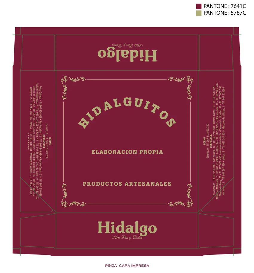 Plantilla de packaging para caja de pastelería Hidalguitos, Hidalgo Arte Pan y Dulces