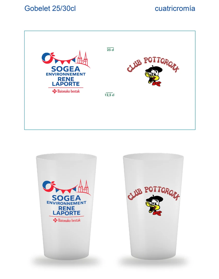 Plantilla técnica de impresión en cuatricromía y mockup de vaso reutilizable para Sogea Environnement René Laporte y Club Pottoroak