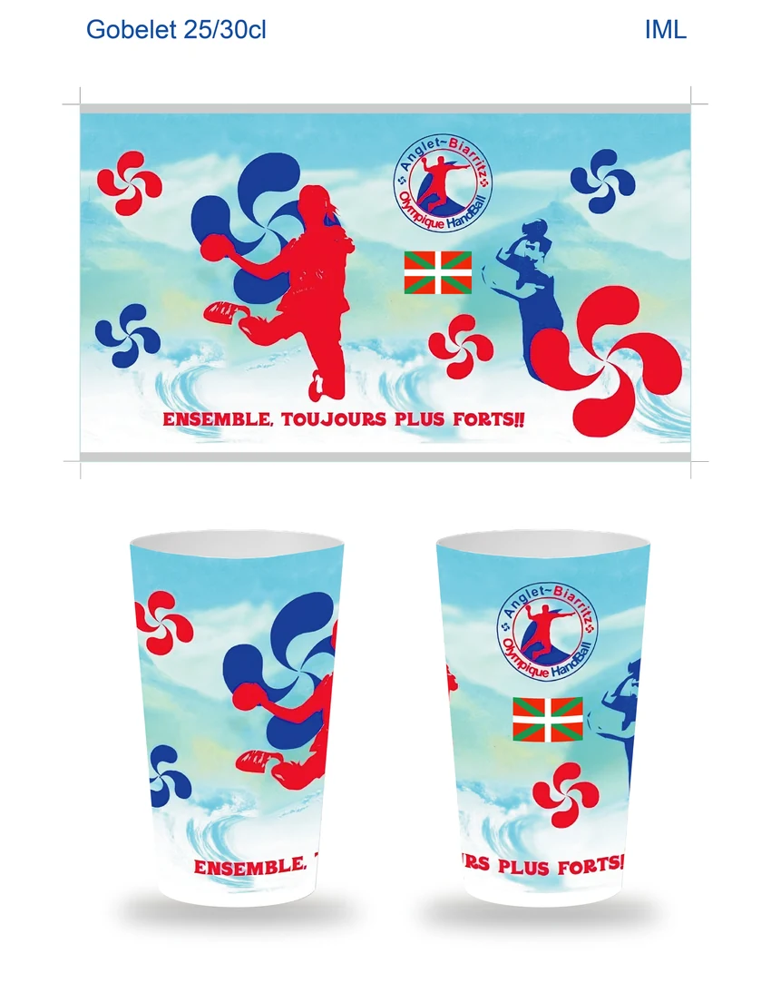 Plantilla técnica de impresión IML y mockup de vaso reutilizable para Anglet-Biarritz Olympique Handball