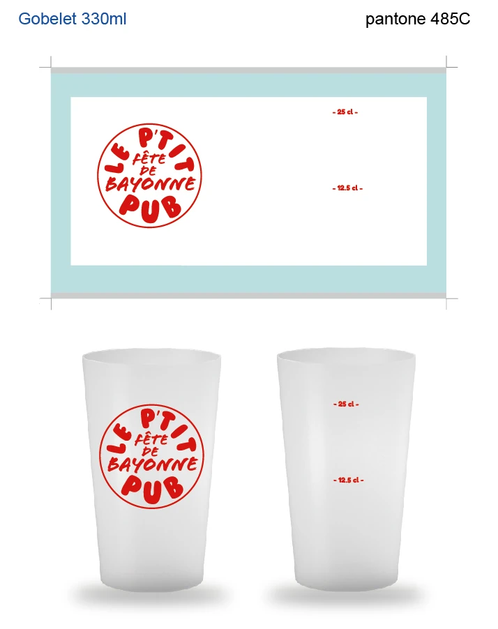 Plantilla técnica de impresión y mockup de vaso reutilizable para Le P'tit Pub, Fêtes de Bayonne, pantone 485C