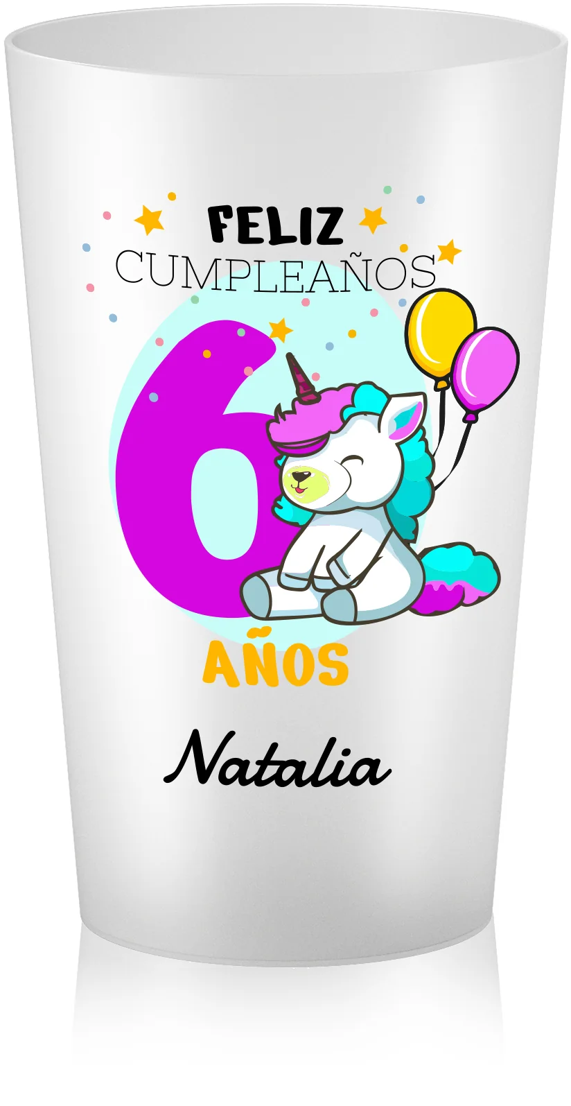 Vaso reutilizable personalizado de cumpleaños infantil con unicornio, 6 años, Natalia