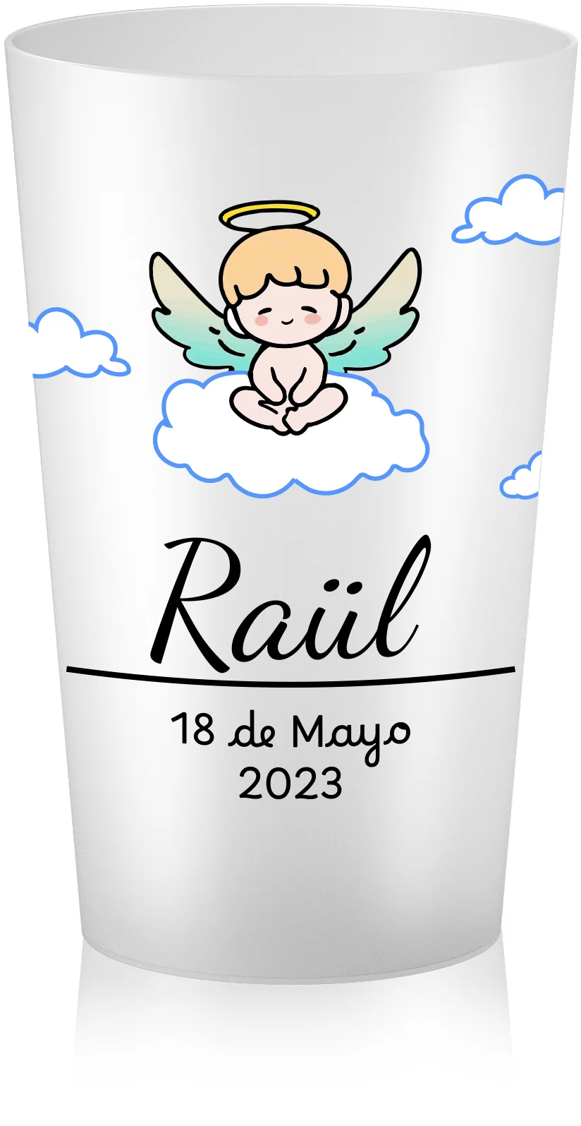 Vaso reutilizable personalizado para bautizo con diseño de ángel sobre nube, nombre Raül