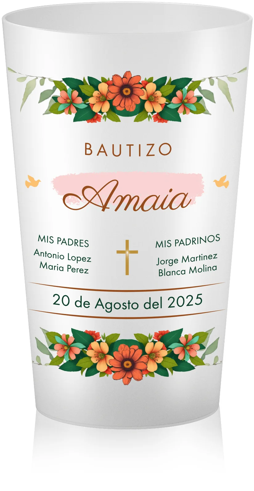 Vaso reutilizable personalizado para bautizo con diseño floral, nombre Amaia