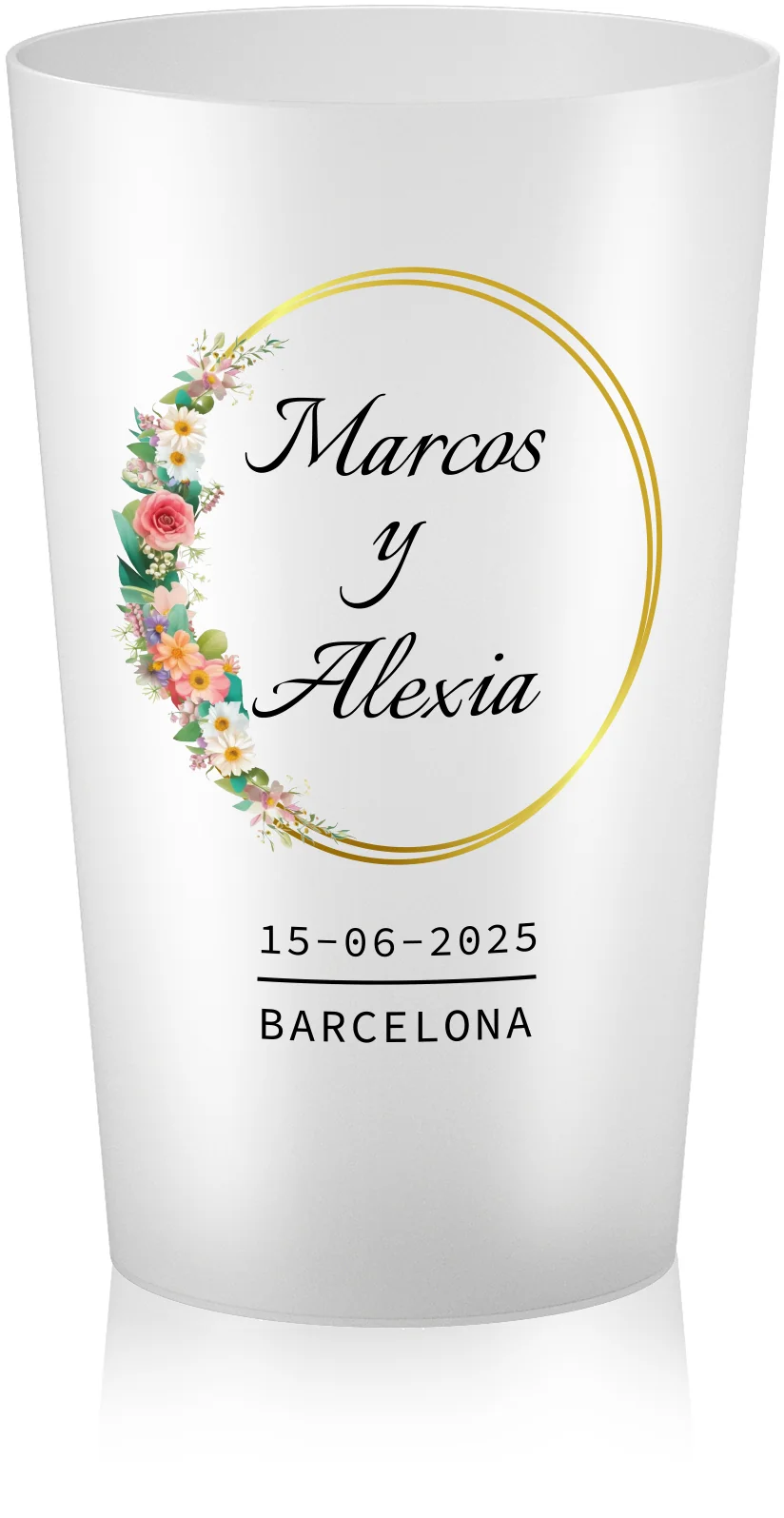 Vaso reutilizable personalizado para boda con corona floral y marco dorado, Marcos y Alexia
