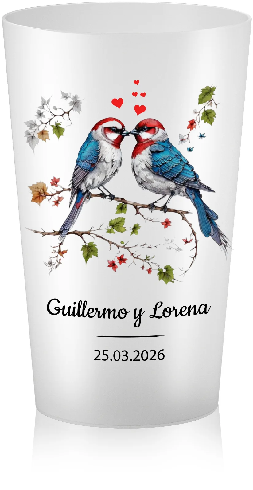 Vaso reutilizable personalizado para boda con ilustración de pájaros enamorados, Guillermo y Lorena